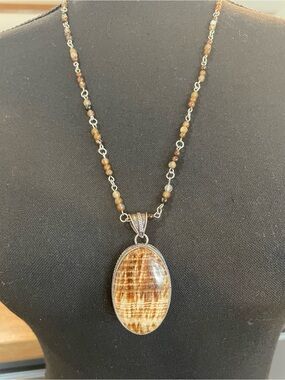 Brown Beaded Necklace with Oval Natural Stone Pendant